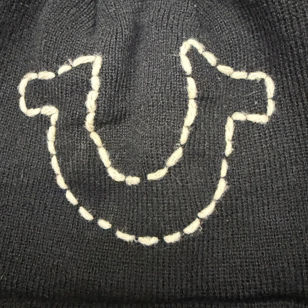 True Religion Beanie - Cuffed Winter Knit Cap with Stitched Yarn Horseshoe Logo